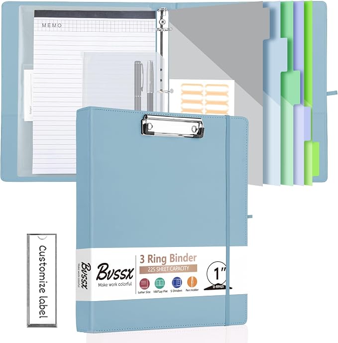 3 Ring Binder with Clipboard,1 Inch Binders with Notepad&5 Dividers with Pockets, Labels,PU Clipboards for School Office(Blue,Letter Size)
