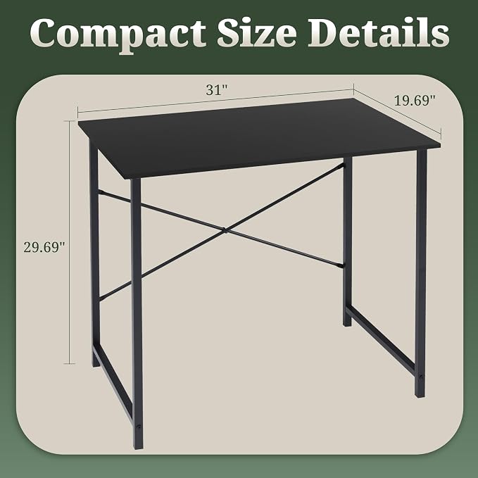 32 Inch Computer Desk, Small Writing Desk for Home Office Bedroom | 265 lb Capacity, Reinforced X-Frame, Waterproof MDF Top, Scratch-Resistant Surface, Easy Assembly, Black