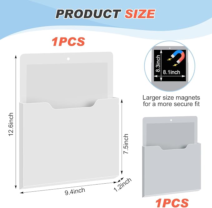 Feifeiya 2 Pcs Magnetic File Folder Wall Hanging Holder Large Pocket Paper Magazine Mail Organizer for Refrigerator Classroom Locker Whiteboard(Vertical,White Grey,12.2 x 9.4 Inches)