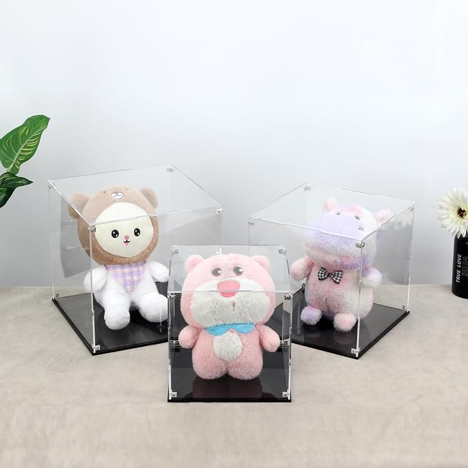8x8x8Inch Clear Acrylic Display Case for Collectibles Assemble | Cube Box Dustproof Protection Showcase with Black Base, Alternative Glass Case for Display Figures Toys Home Storage Box