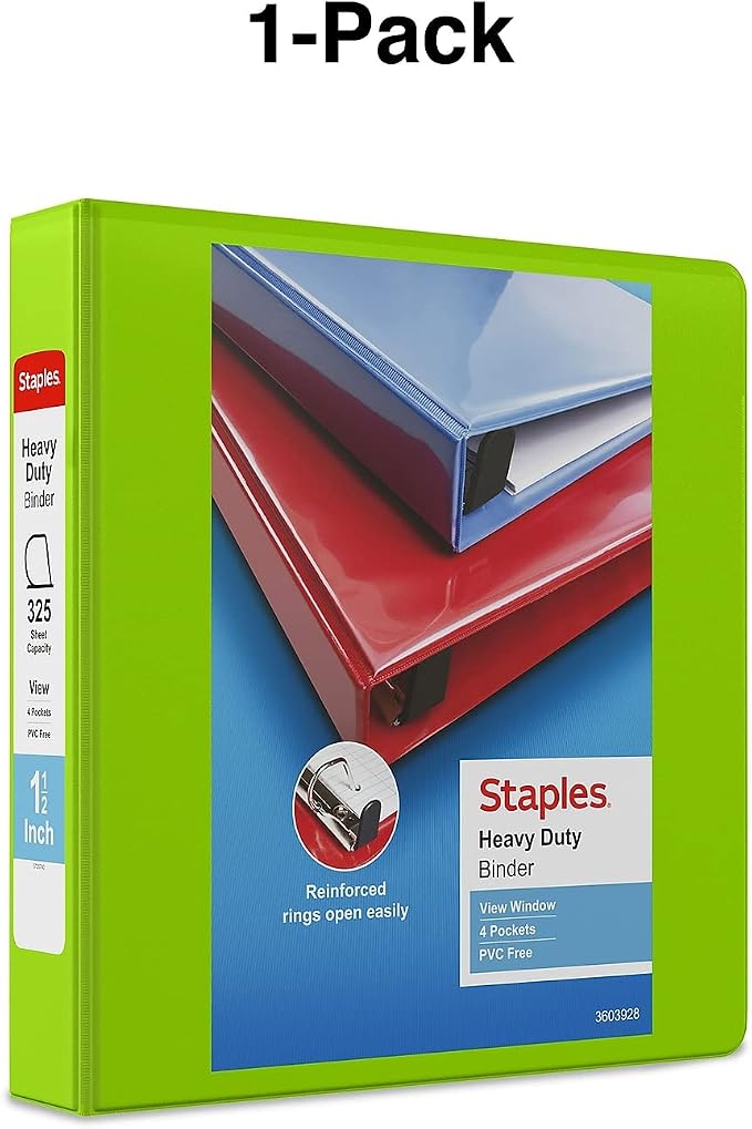Staples Heavy-Duty 1.5-Inch D-Ring View Binder, Reinforced Spine, Holds Up to 350 Sheets, Chartreuse, for Office & School