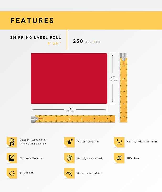 HOUSELABELS 4" x 6" Red Shipping Labels on 1" Core Compatible with Zebra and Rollo Printers, 2 Rolls / 250 Labels per Roll