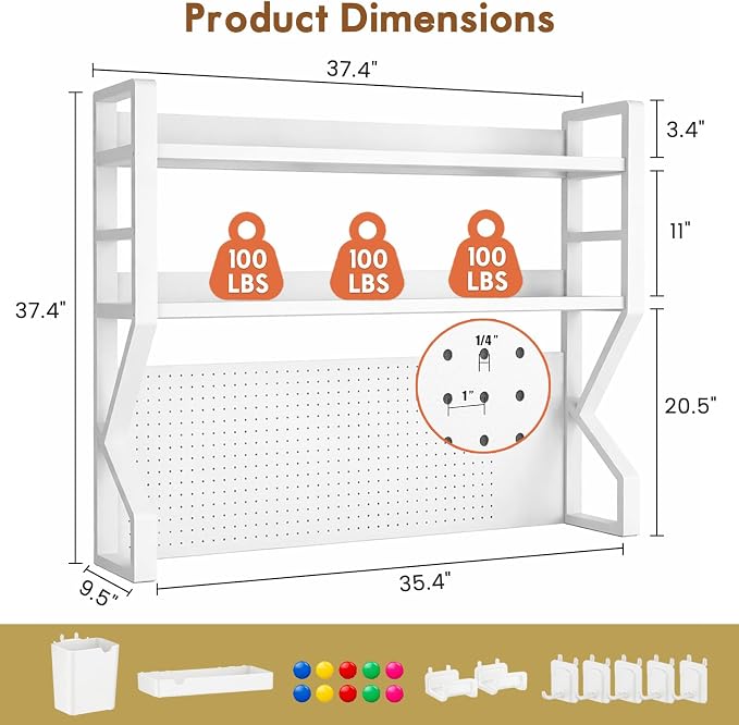 Lefedrasticity 3 Tier Desktop Bookshelf with Pegboard Desktop Organizer Shelf for Dorm Heavy-Duty Desk Shelf Organizer Desk Bookshelf for Office Dorm Room Gaming Desks (White, 37.4" L)