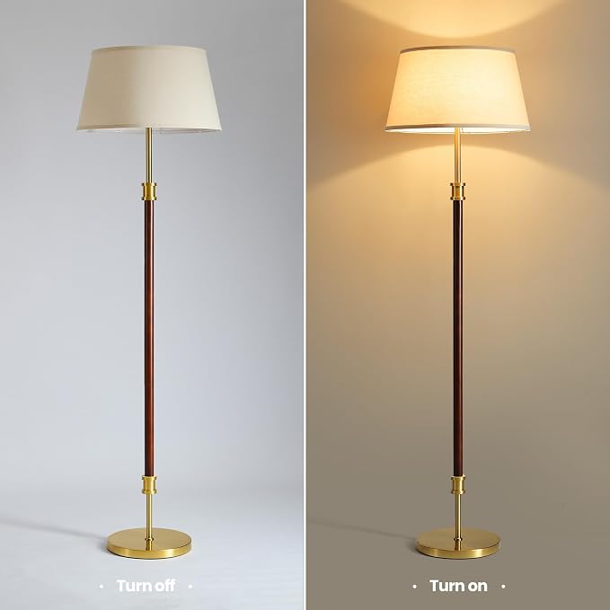 Modern Mid Century Wood Floor Lamp with Soft Linen Shade, 63” Tall Solid Wood & Brass Standing Lamp, Weighted Base, Warm Ambient Light for Living Room, Bedroom & Reading Corners (Solid Wood & Gold)