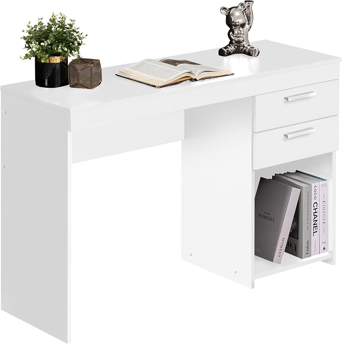 Techni Mobili 48 Inch Modern Compact Computer Desk with Drawers, White | 48 Inch modern desk with storage drawers, sturdy frame, compact design, ideal for bedrooms and home office workspaces