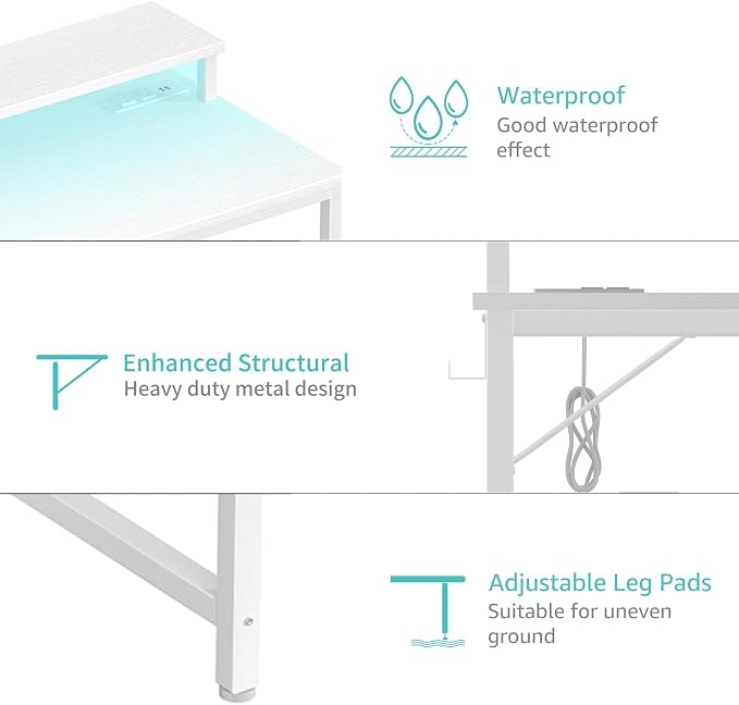 Lufeiya Small White Desk with LED Lights and Power Outlets, 32 Inch Home Office Computer Desks with Monitor Stand, Teen Writing Study Table Gaming Desk with Charging Station, White