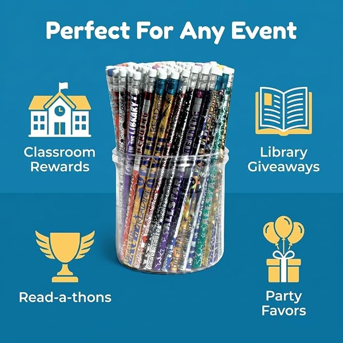 Anderson's Reading Pencil Tub, Fun & Colorful Pencils, Perfect for School Supplies, Classroom Rewards, Creative Writing, Party Favors, and Motivational Gifts