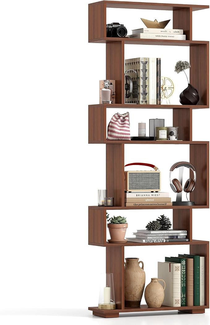 Tangkula 6-Tier S-Shaped Bookshelf, 64" Freestanding Geometric Bookcase, Home Office Wood Storage Shelf with Anti-Toppling Device, Room Divider Display Rack for Study, Living Room (1, Walnut)
