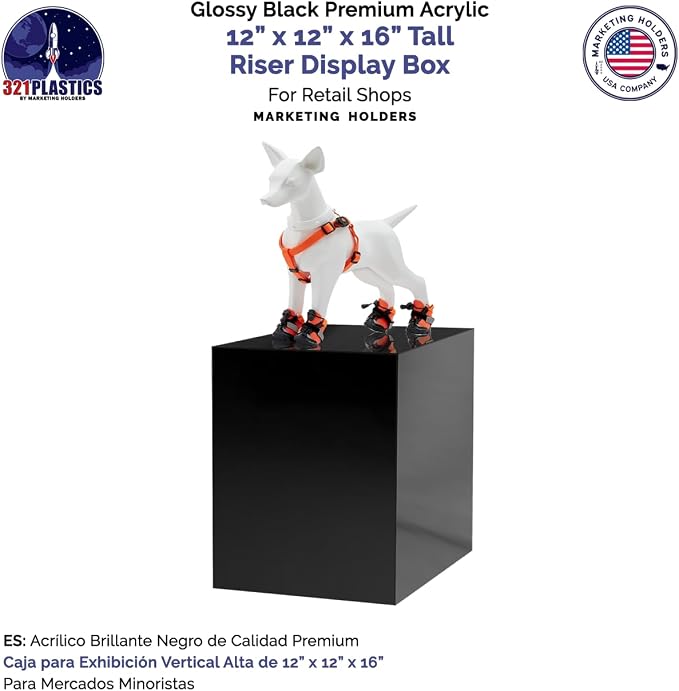 12" x 12" x 16" Glossy Black Acrylic Display Box with One Open Side No Lid Versatile Tall Lucite Merchandise Storage Bin or Retail Product Riser by Marketing Holders
