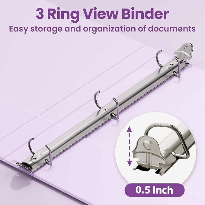 SUNEE 3 Ring Binder 1/2 Inch D Ring, Clear View Binder Three Ring PVC-Free (Fit 8.5x11 Inches) for School or Office Supplies, Light Purple, 1 Pack