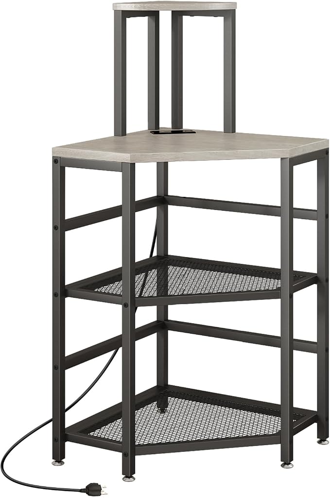 4-Tier Corner Printer Stand with Power Outlet and LED Lights, Greige | 4 Tier Storage, Corner Space Saving Design, Fits Laser Printer, Scanner and Office Supplies, Home Office Organization
