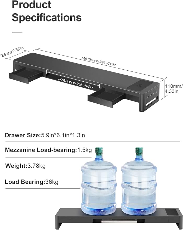 meatanty Dual Monitor Stand Riser with 2 Drawers,4 USB Ports and Charging Pad,Metal Monitor Stand for 2 Monitors Supports Transfer Data and Charging,Desk Organizer for PC,iMac(38.7 inches)