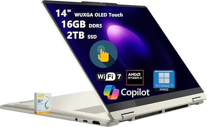 Lenovo Yoga 7 2-in-1 AI PC Laptop | 14" WUXGA OLED Touch (100% DCI-P3) | AMD Ryzen AI 5 340 (Up to 50 Tops) | 16GB DDR5 2TB SSD | for Creator Business Professional Win11Pro w/DLCA Accessory