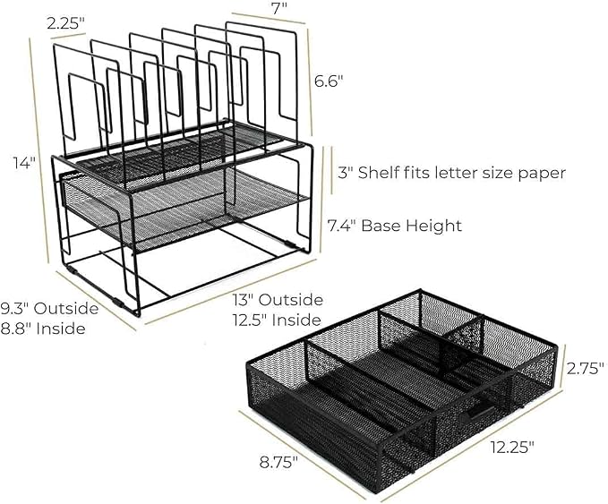 BLU MONACO | Black Wire Mesh Desk Organizer with Drawer | Desk Associates Women Office Set | File Sorters and Mesh Pen Holders Desktop Storage System