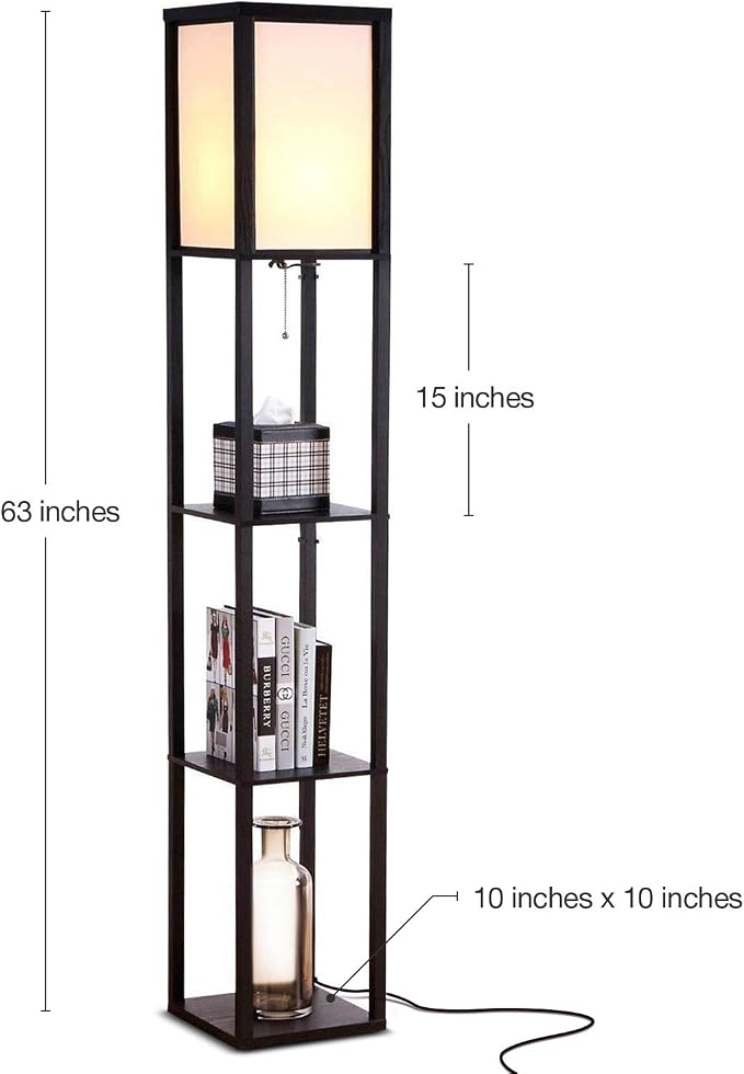 Brightech Maxwell - Modern Shelf Floor Lamp with Lamp Shade & Warm White LED Bulb, Corner Display Floor Lamp with Shelves for Living Room, Bedroom, Nightstand Office, Home Decor Storage - Black
