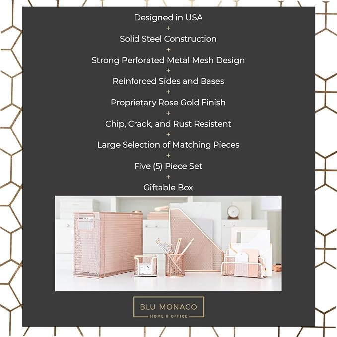 BLU MONACO Rose Gold Desk Organizer Set | 5-Piece Metal Desktop Organization Kit With File Holder, Magazine Rack, Pen Cup, Sticky Note Holder and Letter Sorter | Stylish Office Accessories