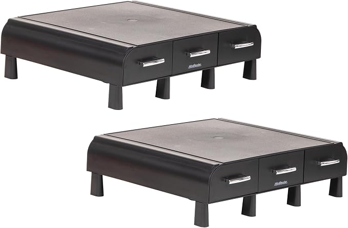 Mind Reader Monitor Stand, 3 Storage Drawers, Desktop Organizer, Riser, Office, 13.5"L x 13"W x 4"H, Set of 2, Black
