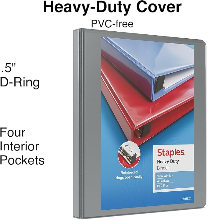 Staples Heavy-Duty 1/2 Inch 3-Ring View Binders, Gray, Holds Up to 100 Sheets, Durable D-Ring Binders for School & Office, 3 Pack