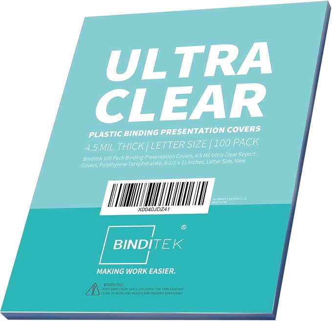 Binditek 4.5 Mil PET Binding Covers, 8.5 x 11 Inches, Ultra Clear, 100 Pack | Plastic PET Binding Covers, Letter Size, Ultra Clear, Square Corners, Unpunched, Ideal for Business Reports and Proposals