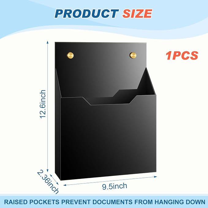 Feifeiya 1 Pack 12.6"x9.5"x2.4" Black Acrylic Wall File Holder Organizer Wall Mount Magazine Document Brochure Mail Pocket Durable File Storage with 3 Colors Screw Cap for Office Home Waiting Room Use
