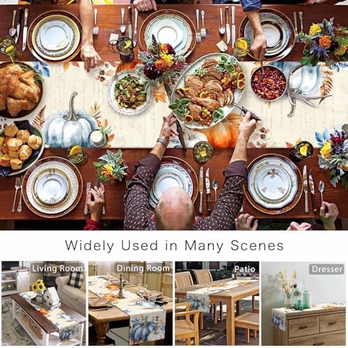 Fall Pumpkin Table Runner Dresser Scarf 14 x 72 Inch Blue Orange Maple Leaf Rustic Table Runners Non-Slip Heat Resistant Kitchen Dining Table Decor for Autumn Thanksgiving Holidays Indoor Outdoor