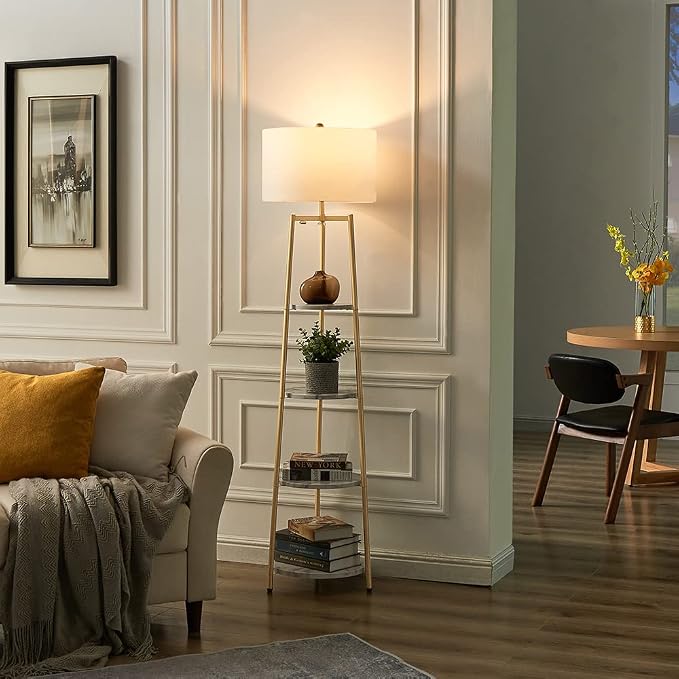 ROSEN GARDEN Floor Lamp, Standing Reading Light with Shelves and Fabric Shade, Modern Tall Pole Lamp, Accent Furniture Décor Lighting for Living Room, Bedrooms (Gold, 4-Tier)