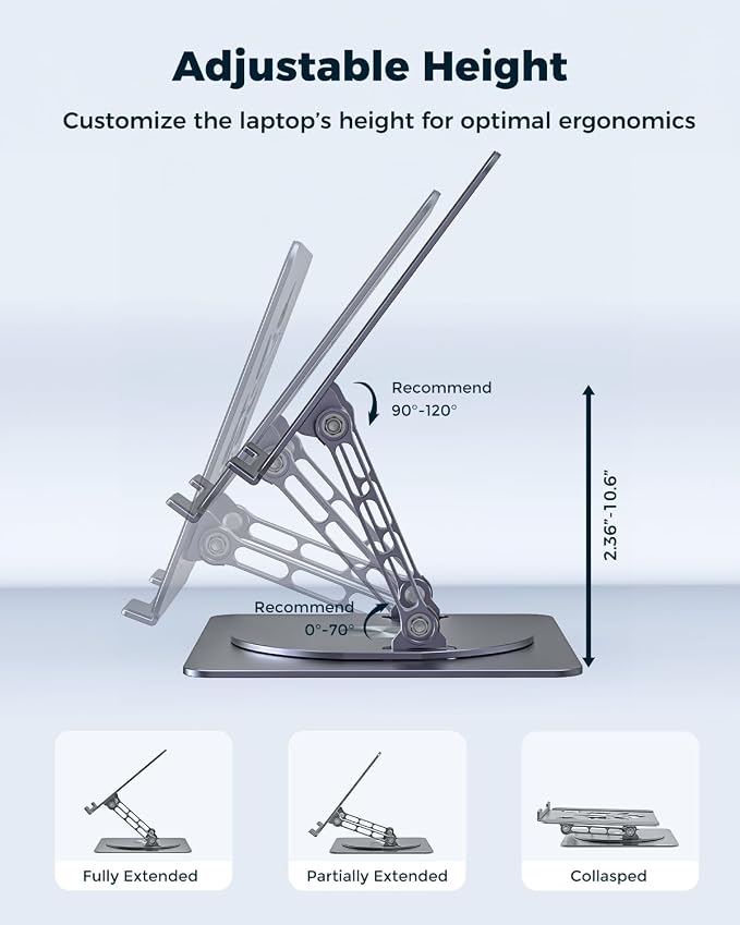Aoviho 360° Rotating Laptop Stand for Desk | Adjustable, Foldable, Portable Aluminum Ergonomic Riser | Compatible with MacBook, Dell, HP & All Laptops 10-16 inch | Gray