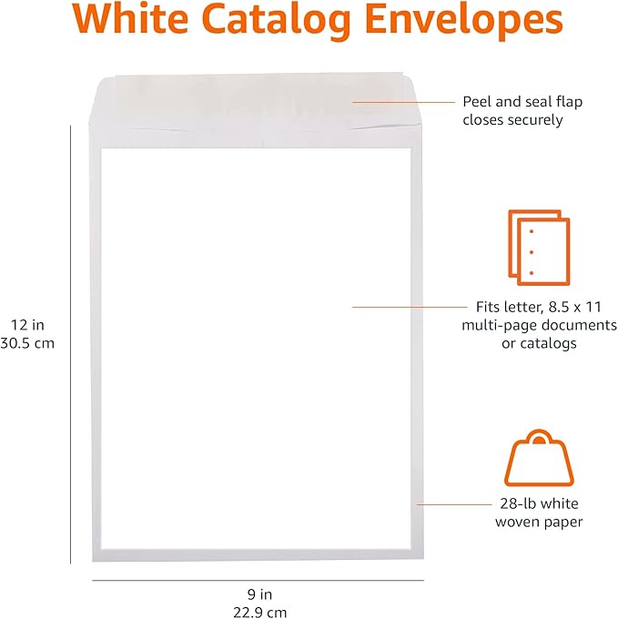 Amazon Basics Catalog Mailing Envelopes, Peel and Seal, 9x12 Inch, Strong Quality, 28 lb White, 100-Pack