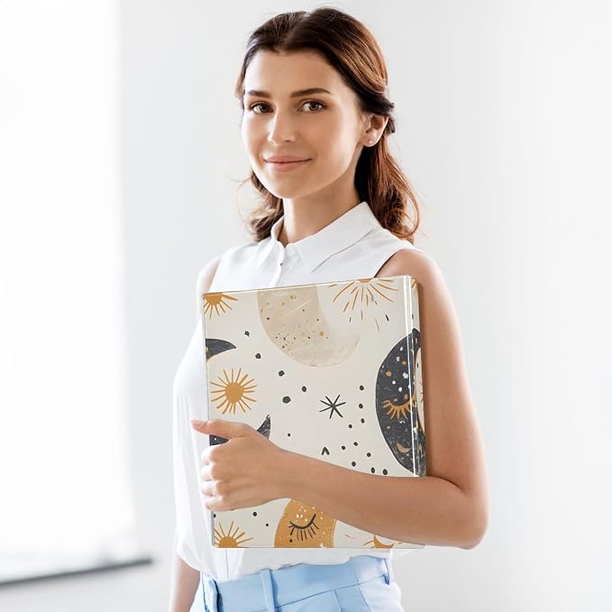 3 Ring Binder Boho Moon Phases Beige White 1.5 inch Binders Three Ring Binders with Clipboard Fit 8.5'' x 11'' Paper 3 Interior PVC Clear Pockets for Office Supplies