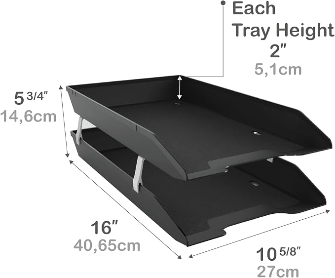 Acrimet 2-Tier Legal Size Paper Tray Organizer, Made in USA, Plastic Desk File Organizer, Front-Load Document Tray for Office, Home & School, Black