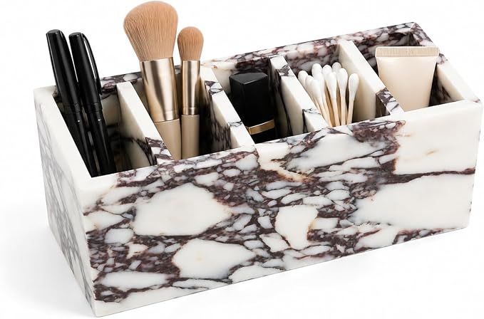 5-Compartment Marble Desk Organizer, 9.84 in | Natural marble 5-section organizer for pens, makeup brushes, cotton swabs, lipsticks, and slim daily items.