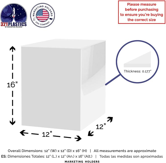 12" x 12" x 16" White Acrylic Display Box with One Open Side No Lid Versatile Tall Retail Product Riser or Merchandise Storage Bin by Marketing Holders