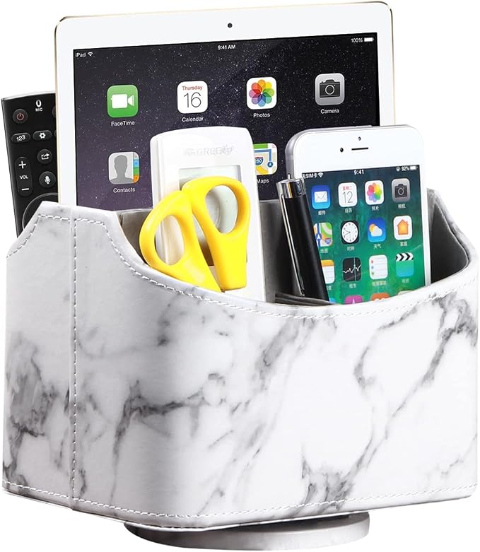 360° Spinning Remote Control Holder,TV Remote Caddy for Nightstand Table | PU Leather Swivel Nightstand Storage Box for Media player Controllers,Makeup Brush,Glasses,Stationery,Office Desk Accessories