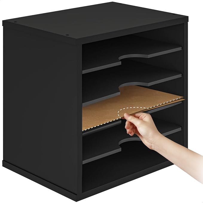 Ballucci 5-Tier File Organizer for Desk, Wooden Mail Sorter, Office Desk Organization, Paper Storage Organizers, Folder holder for desk, Letter Trays & Stacking Supports, Adjustable Shelves, Black