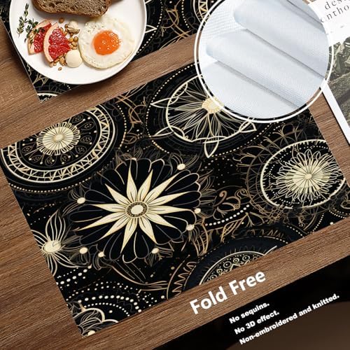 Batmerry Circular Patterns Floral Designs Linen Placemats Set of 4, Black Gold Decorative Patterns Washable Table Mats for Kitchen Table Thickened Heat Insulation Dining Set Indoor Outdoor 12X18 in