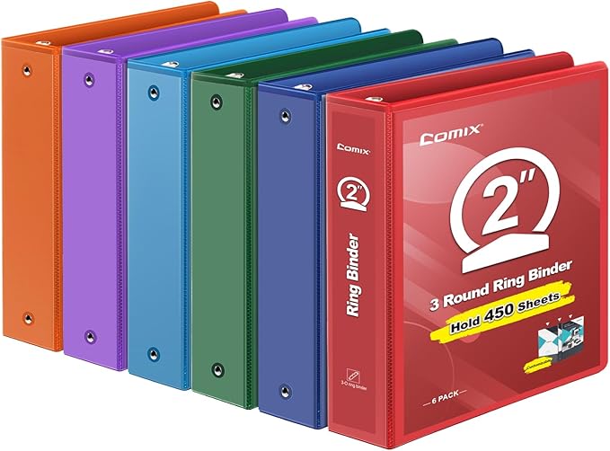 COMIX Sturdy 2 Inch 3 Ring Binder with Clear View Cover | 2"Heavy Duty Round Ring,PVC-Free Board,Holds 450 Letter Sheets,Wholesale for Offices & Classrooms,6 Pack (Assorted Colors)