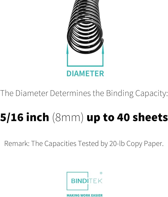 Binditek 50 Pack Plastic Spiral Binding Coils, 8mm(5/16"), 40 Sheet Capacity, 4:1 Pitch, Black, 48Loops, for Letter Size, for Students and Coworkers | Coil Binding Spines, 5/16", 40 Sheet Capacity, 48 Loops, for Letter-Size Reports, Presentations, Scho...
