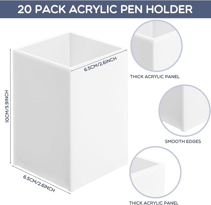 Crtiin 20 Pieces Acrylic Pencil Holder Makeup Brush Holder Pen for Desk Pencil Cup Acrylic Desk Accessories Desktop Stationery Organizer for Office School Home Supplies(White)