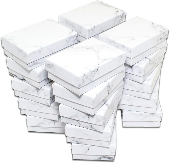 TheDisplayGuys 25 Cardboard Jewelry Gift Boxes with Inserts - Marble White | Size #21 - 2.6" x 1.6" x 1.0", Lids, Cotton Filled Padding, Kraft Paper, Bulk Pack Case, for Shipping, Organizers, Storage