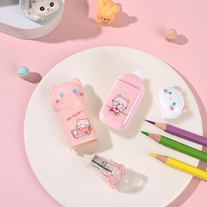 9Pcs Pink Cute Cat Stationery Gifts Set,Kawaii School Supplies