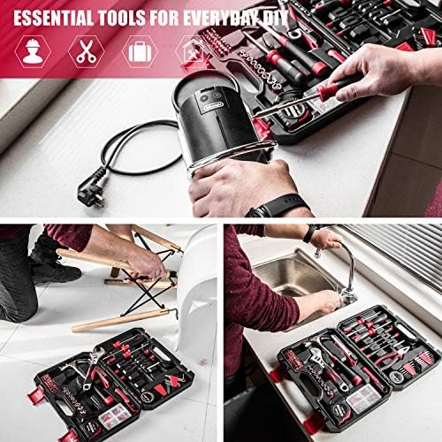Eastvolt 128-Piece Home Repair Tool Set, Tool Sets for Homeowners, General Household Hand Tool Set with Storage Toolbox, EVHT12801, Black + Red (ASK01) (Pack of 5)