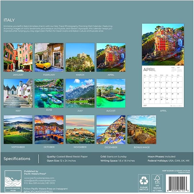 Italy 2027 Wall Calendar, 12 x 24 Hanging Pacific Waters Press