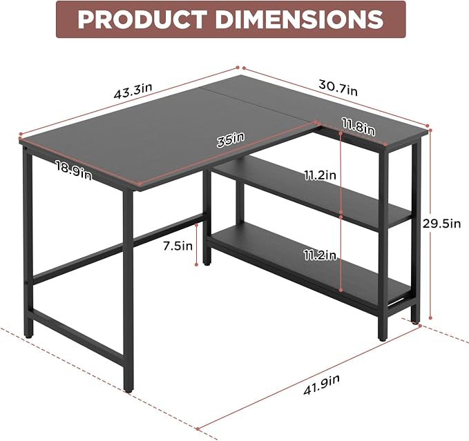 FDW L-Shaped Gaming Desk 43 Inch Computer Desk Corner Desks with Reversible Side Storage Shelves Study Desk Metal Frame PC Work Table for Home Office Dorm Sturdy Writing Workstation, Black