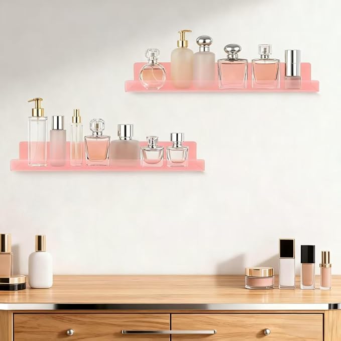 Dezzer 4 Pack Acrylic Shelves for Wall, 15" Acrylic Floating Shelves for Bathroom Bedroom, Invisible Bookshelf Wall Ledge Storage Shelf Books Perfume Toys Action Figure Display Shelves, Pink