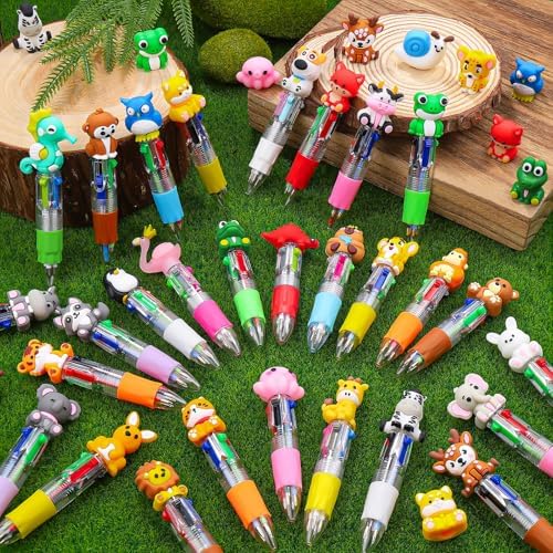 30Pcs Animals Mini Multicolor Pen in One 4-in-1 Cute Pens Bulk, Ballpoint Pens for Birthdays Parties, Fun Pens Gifts Assorted Ink Kawaii Pen
