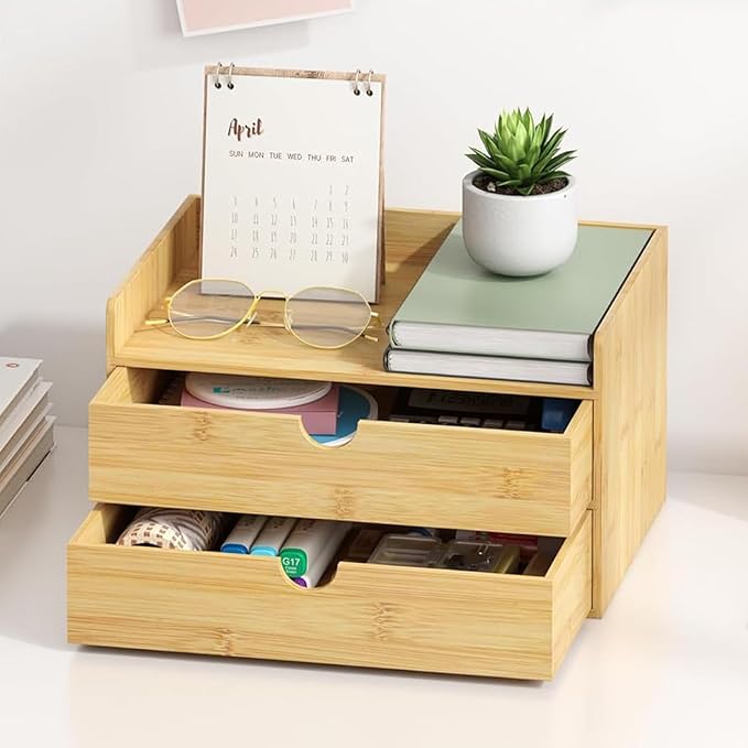 Bamboo Desk Organizer with Drawers, Desktop Storage Box for Office Supplies | 2 Drawers Desktop organizer, No Assembly Required, Natural Wood Wooden Desktop Drawers for Bills, Cosmetics, Seals, Paper