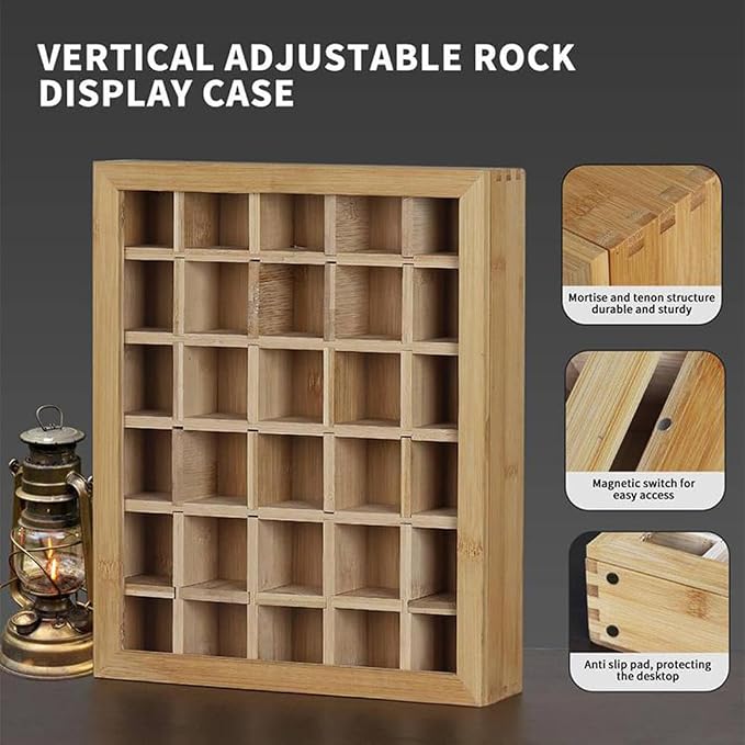 Adjustable Wooden Rock Display Case, 11.81x2.95x14.76 inches | For Crystals Minerals Collection, Showcase, Acrylic Magnetic Door