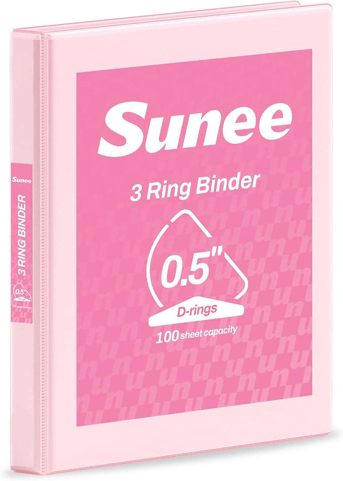 SUNEE 3 Ring Binder, 1/2 Inch D Ring, Clear View PVC-Free (Fit 8.5x11 Inches) for School or Office, Pink, 1 Pack