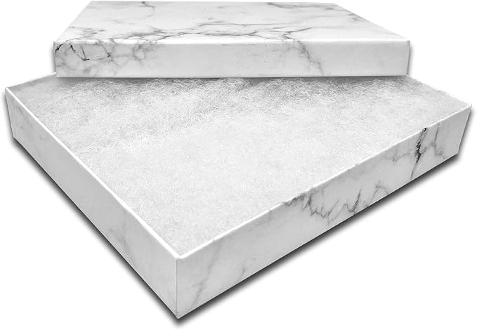 TheDisplayGuys 25 Cardboard Jewelry Gift Boxes with Inserts - Marble White | Size #65 - 6.2" x 5.2" x 1.1", Lids, Cotton Filled Padding, Kraft Paper, Bulk Pack Case, for Shipping, Organizers, Storage