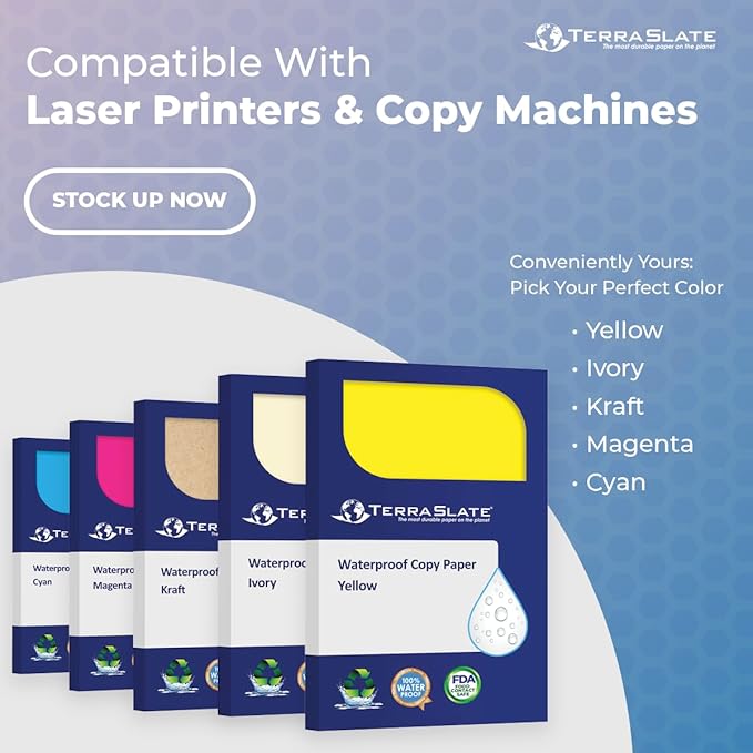 TerraSlate Waterproof Paper, Rip-Proof Colored Paper, Magenta Pink, 25 Sheets, 10 Mil (120 lb Cover), 8.5" x 11", Laser Printer and Copy Machine Compatible